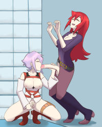 Rule 34 | 2girls, bottomless, breasts, breasts out, chariot du nord, closed eyes, croix meridies, fellatio, futa with female, futanari, glory hole, highres, little witch academia, masturbation, multiple girls, oksandio, oral, penis, purple hair, red hair, squatting, tagme, testicles