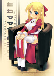 Rule 34 | 1girl, blonde hair, blue eyes, blush, bow, braid, breasts, collarbone, couch, dress, female focus, floor, full body, garter straps, hair bow, high priest (ragnarok online), impossible clothes, kinoshita ichi, legs, light smile, long hair, long sleeves, looking at viewer, ragnarok online, shoes, sitting, solo, thighhighs, tiptoes, white thighhighs