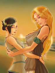 Rule 34 | 2girls, armlet, bare arms, bare shoulders, beach, black hair, bleach, blonde hair, blue eyes, bracelet, closed mouth, couple, earrings, eyebrows hidden by hair, eyes visible through hair, gekkousha, glasses, green eyes, half-closed eyes, hug, ise nanao, jewelry, lips, long hair, looking at viewer, matsumoto rangiku, mole, mole under mouth, multiple girls, neck, necklace, ocean, outdoors, parted bangs, pearl necklace, sand, short hair, straight hair, sunset, swept bangs, water, yuri