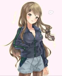 Rule 34 | 1girl, :d, bad id, bad pixiv id, breasts, brown eyes, brown hair, brown pantyhose, cleavage, closed mouth, gimnang, girls&#039; frontline, grey jacket, grey shorts, hair ornament, hand in pocket, heart, jacket, k2 (girls&#039; frontline), long hair, looking at viewer, military, military uniform, open mouth, pantyhose, pink background, shorts, side ponytail, simple background, smile, solo, spoken heart, uniform
