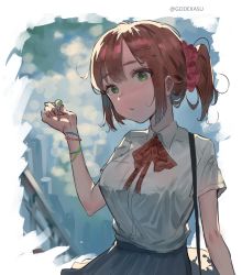 Rule 34 | 1girl, bag, blue skirt, blush, bracelet, breasts, brown hair, candy, collared shirt, day, food, godekasu, green eyes, hair ornament, hair scrunchie, hairband, hand up, head tilt, highres, jewelry, large breasts, lollipop, looking at viewer, medium hair, neck ribbon, original, outdoors, parted lips, pleated skirt, ponytail, red ribbon, red scrunchie, ribbon, school uniform, scrunchie, shirt, shoulder bag, skirt, solo, twitter username, upper body, white shirt, wing collar, wristband