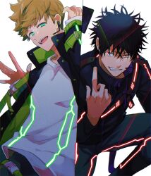 Rule 34 | 2boys, absurdres, beckoning, belt, black hair, black jacket, blonde hair, blue pants, clenched teeth, column lineup, glowing, green eyes, hand up, hands up, headset, highres, htr wiwi, index finger raised, inukai sumiharu, jacket, kageura masato, laser, long sleeves, looking at viewer, male focus, multiple boys, neon trim, on one knee, open mouth, pants, red eyes, shirt, short hair, simple background, smile, spiked hair, t-shirt, teeth, uneven eyes, upper body, waving, white background, white shirt, world trigger
