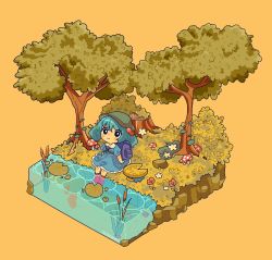 Rule 34 | 1girl, :&gt;, artist name, backpack, bag, blush, boots, cattail, chibi, closed mouth, collared dress, commentary request, creatures (company), diorama, dress, flat cap, flower, forest, game freak, gen 3 pokemon, grass, hair bobbles, hair ornament, hat, highres, in water, isosceless, kawashiro nitori, key, lily pad, looking up, lotad, medium hair, mushroom, nature, nintendo, outdoors, partially submerged, plant, pocket, pokemon, rock, rubber boots, scenery, smile, soaking feet, spanish commentary, touhou, tree, tree stump, twintails, yellow background