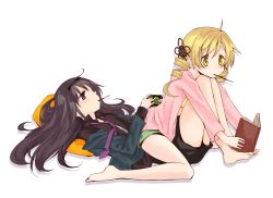 Rule 34 | 10s, 2girls, ahoge, akemi homura, barefoot, black hair, blonde hair, blush, book, casual, couple, drill hair, female focus, food, hairband, handheld game console, long hair, lying, mahou shoujo madoka magica, mahou shoujo madoka magica (anime), mouth hold, multiple girls, myama, necktie, on back, open book, pillow, playstation portable, pocky, reading, shorts, simple background, sitting, sitting on person, tomoe mami, white background, yuri