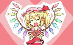 Rule 34 | 1girl, :d, ^ ^, aruha, bad id, blonde hair, closed eyes, closed eyes, fang, female focus, flandre scarlet, gift, holding, holding gift, open mouth, smile, solo, touhou, valentine, wings, yuuhi alpha