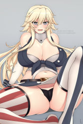 Rule 34 | 1girl, american flag, american flag legwear, arm support, asymmetrical legwear, blonde hair, blue eyes, breasts, cleavage, collar, commentary request, commission, curvy, elbow gloves, flag print, front-tie top, garter straps, gloves, grey background, iowa (kancolle), kantai collection, large breasts, lindaroze, miniskirt, mismatched legwear, reclining, skirt, solo, star-shaped pupils, star (symbol), striped clothes, striped skirt, striped thighhighs, symbol-shaped pupils, thighhighs, thighs, vertical-striped clothes, vertical-striped skirt, vertical-striped thighhighs, wrist cuffs