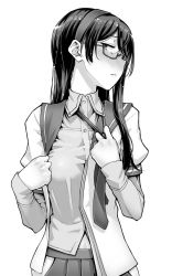 Rule 34 | 10s, 1girl, aya shachou, black hair, blush, breasts, glasses, greyscale, highres, hip vent, kantai collection, long hair, long sleeves, looking at viewer, monochrome, ooyodo (kancolle), open clothes, open shirt, school uniform, serafuku, shirt, skirt, small breasts, solo, undressing