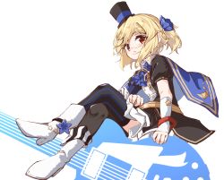 Rule 34 | 1girl, black hat, black shirt, black skirt, black thighhighs, blonde hair, blue cape, blue flower, blue neckwear, boots, cape, commentary request, crossed legs, electric guitar, flower, full body, girls&#039; frontline, guitar, hair flower, hair ornament, hat, highres, instrument, looking at viewer, matsuo (matuonoie), mini hat, mini top hat, nagant revolver (astral bond) (girls&#039; frontline), nagant revolver (girls&#039; frontline), official alternate costume, parted lips, ponytail, puffy short sleeves, puffy sleeves, red eyes, shirt, short sleeves, sitting, skirt, solo, striped clothes, striped thighhighs, thighhighs, thighhighs under boots, top hat, vertical-striped clothes, vertical-striped thighhighs, white background, white footwear