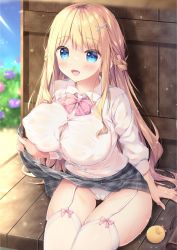 Rule 34 | 1girl, :d, arm support, bird, black skirt, blonde hair, blue eyes, blue sky, blush, breasts, bursting breasts, bus stop, bush, cameltoe, clothes lift, collared shirt, commentary request, covered erect nipples, day, hair ornament, highres, large breasts, lifting own clothes, long hair, looking at viewer, open mouth, original, outdoors, panties, plaid, pleated skirt, shirt, sidelocks, sitting, skirt, skirt lift, sky, smile, solo, thighhighs, underwear, watagashi yui, wet, wet clothes, wet shirt, white panties, white shirt, white thighhighs, x hair ornament