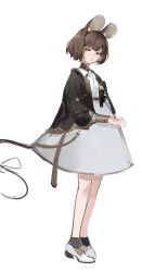 Rule 34 | 1girl, absurdres, alternate costume, alternate eye color, alternate hair color, animal ears, bare legs, black jacket, black socks, bob cut, brooch, brown hair, dress, from side, full body, high collar, high heels, highres, jacket, jewelry, lips, looking to the side, military, military uniform, mixkechin, mouse ears, mouse tail, nazrin, parted lips, pumps, short hair, sideways glance, simple background, socks, solo, standing, tail, tassel, touhou, uniform, white background, white dress, white footwear