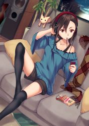 Rule 34 | 1girl, bare shoulders, black thighhighs, blush, brown hair, chair, collarbone, digital media player, food, headphones, indoors, kamome yuu, long hair, mouth hold, original, plant, pocky, red eyes, scarf, shoes, shorts, sitting, smile, sneakers, solo, stereo, sweater, tank top, thighhighs