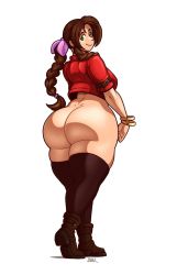 Rule 34 | 1girl, aerith gainsborough, ass, black thighhighs, blazbaros, boots, bow, bracelet, braid, brown hair, curvy, dimples of venus, female focus, final fantasy, final fantasy vii, final fantasy vii remake, from behind, green eyes, highres, huge ass, jacket, jewelry, legs, long hair, looking at viewer, looking back, parted bangs, red jacket, ribbon, signature, simple background, smile, solo, square enix, thighhighs, thighs, white background