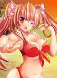 Rule 34 | 1girl, bad id, bad pixiv id, beach, bikini, bow, breasts, cleavage, foreshortening, frills, front-tie top, hair bow, long hair, maki (seventh heaven maxion), navel, one eye closed, open mouth, original, outstretched arm, outstretched hand, palm tree, polka dot, red bikini, red eyes, red hair, ruffling hair, solo, swimsuit, tree, tsundere, twintails, wince, wink