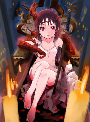 Rule 34 | 10s, 1girl, armor, barefoot, black hair, bloody mary (shingeki no bahamut), candle, collarbone, commentary request, crown, dress, feet, gauntlets, highres, holding, holding sword, holding weapon, idolmaster, idolmaster cinderella girls, katana, long hair, looking at viewer, marimotencho, parody, parted lips, purple eyes, scale armor, shadowverse, short dress, sitting, solo, spaghetti strap, sword, tachibana arisu, throne, weapon, white dress