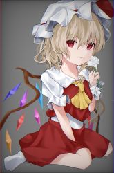 Rule 34 | 1girl, absurdres, artist request, ascot, blonde hair, border, flandre scarlet, flower, hair between eyes, hat, highres, holding, holding flower, looking at viewer, mob cap, puffy short sleeves, puffy sleeves, red eyes, red ribbon, red skirt, red vest, ribbon, shirt, short sleeves, sitting, skirt, skirt set, socks, solo, touhou, vest, wariza, white hat, white socks, wings, wrist cuffs