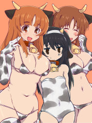 Rule 34 | 3girls, absurdres, animal ears, animal print, bad id, bad twitter id, bare shoulders, bell, bikini, blush, breast envy, breasts, chinese zodiac, cleavage, collarbone, cow ears, cow girl, cow horns, cow print, cowbell, elbow gloves, fake horns, girls und panzer, gloves, highres, horns, long hair, makura ken, multiple girls, navel, neck bell, nishizumi miho, one-piece swimsuit, open mouth, reizei mako, short hair, swimsuit, takebe saori, year of the ox
