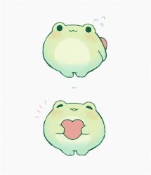 Rule 34 | . ., 2koma, artist name, ayu (mog), holding behind back, blush, closed mouth, comic, frog, heart, holding, holding heart, no humans, open mouth, original, simple background, smile, standing, white background