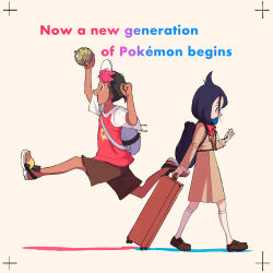 Rule 34 | 1boy, 1girl, arm up, black hair, black headwear, bow, bowtie, brown footwear, brown jacket, brown shorts, brown skirt, commentary request, cowlick, creatures (company), english text, from side, game freak, hat, highres, holding, how long, jacket, jewelry, kneehighs, liko (pokemon), looking down, necklace, nintendo, pokemon, pokemon (anime), pokemon horizons, raglan sleeves, roy (pokemon), sandals, school uniform, shirt, shoes, short sleeves, shorts, skirt, socks, suitcase, t-shirt, white socks