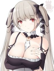 Rule 34 | 1girl, azur lane, bad id, bad pixiv id, black dress, breasts, brown hair, collarbone, dress, earrings, formidable (azur lane), hair ornament, hair ribbon, hand on own chest, highres, jewelry, keenh, large breasts, long hair, looking at viewer, maid, red eyes, ribbon, solo, solo focus, white background