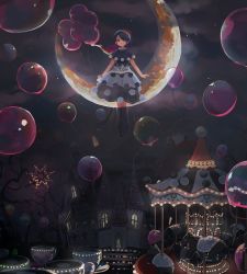 Rule 34 | absurdres, amusement park, backlighting, baku (creature), balloon, black capelet, blue eyes, blue hair, boots, bubble, capelet, carousel, castle, cup, doremy sweet, dress, earrings, floating, hair over one eye, hat, highres, ichinose (kurui96), jewelry, lights, looking at viewer, moon, night, night sky, nightcap, pom pom (clothes), roller coaster, short hair, sky, star (sky), starry sky, tail, teacup, touhou, tree