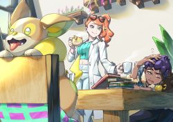 Rule 34 | 1boy, 1girl, bad id, bad pixiv id, closed mouth, commentary request, creatures (company), cup, dark-skinned male, dark skin, eyewear on head, fur-trimmed jacket, fur trim, game freak, gen 8 pokemon, hair ornament, heart, heart hair ornament, highres, holding, holding cup, hop (pokemon), indoors, jacket, komame (st beans), lab coat, long hair, long sleeves, nail polish, nintendo, open mouth, orange hair, pants, pincurchin, pokemon, pokemon (creature), pokemon swsh, purple hair, side ponytail, smile, sonia (pokemon), standing, sunglasses, yamper