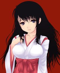 Rule 34 | 1girl, black hair, breasts, collarbone, frown, hakama, hakama skirt, hand in own hair, hand on own chest, japanese clothes, kimono, long hair, medium breasts, messy hair, miko, purple eyes, red background, red hakama, simple background, skirt, solo, uni8, upper body