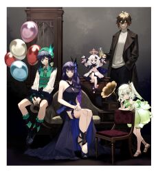 Rule 34 | 2boys, 3girls, absurdres, alcohol, alternate costume, arm support, armlet, arms up, baiyinzhideng, balloon, bare shoulders, black dress, black eyes, black footwear, black jacket, black nails, black pants, black shorts, black socks, blue hair, border, braid, braided sidelock, breasts, brown hair, cape, chair, champagne, champagne flute, choker, cleavage, cleavage cutout, clock, closed mouth, clothing cutout, collared shirt, colored tips, criss-cross halter, cross-shaped pupils, cup, desk, dress, drinking glass, flower in mouth, frilled skirt, frilled socks, frills, genshin impact, gladiator sandals, gold bracelet, gradient hair, grandfather clock, green cape, green dress, green eyes, green hair, green headwear, green vest, grey sweater, group picture, hair between eyes, hair ornament, halo, halterneck, hand in pocket, hand on own face, head rest, high heels, highres, holding, holding balloon, holding cup, jacket, lace-trimmed choker, lace trim, looking at viewer, low-braided long hair, low-tied long hair, mechanical halo, medium breasts, multicolored hair, multiple boys, multiple girls, nahida (genshin impact), on desk, one eye closed, open mouth, orange eyes, paimon (genshin impact), pants, purple eyes, purple hair, raiden shogun, reclining, sandals, shirt, short hair with long locks, shorts, sidelocks, sitting, skirt, sleeveless, sleeveless dress, socks, standing, sweater, symbol-shaped pupils, thigh strap, toenails, turtleneck, turtleneck sweater, venti (genshin impact), vest, white border, white dress, white hair, white shirt, zhongli (genshin impact)