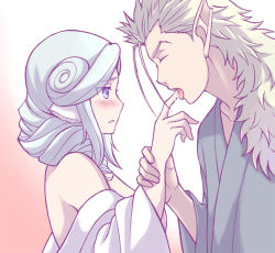 Rule 34 | 1boy, 1girl, animal ears, aquaplus, bare shoulders, blonde hair, blue eyes, blue hair, blush, breasts, closed eyes, collarbone, curly hair, from side, hair over one eye, hair over shoulder, large breasts, licking, licking finger, long hair, long sleeves, looking at another, manyu274, mikazuchi (utawarerumono), munechika, nose, off shoulder, open clothes, pointy ears, saliva, saliva trail, sidelocks, spiked hair, tongue, tongue out, upper body, utawarerumono, utawarerumono: itsuwari no kamen, wide sleeves