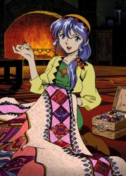 Rule 34 | 1girl, blanket, blue eyes, blue hair, fireplace, hat, holding, indoors, looking at viewer, lowres, luna noah, lunar, lunar: the silver star, official art, open mouth, sewing, sleeves past wrists, solo