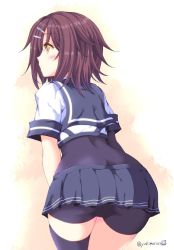Rule 34 | 10s, 1girl, ass, asymmetrical clothes, asymmetrical legwear, bike shorts, blue skirt, bodysuit, brown hair, commentary request, eyebrows, from behind, furutaka (kancolle), hair ornament, hairclip, kantai collection, looking to the side, short hair, shorts, shorts under skirt, simple background, skirt, solo, tamagawa yukimaru, twitter username, uneven legwear, yellow eyes