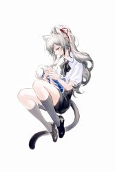 Rule 34 | 1girl, absurdres, animal ears, arknights, black bow, black bowtie, black footwear, black shorts, black socks, bow, bowtie, cat ears, cat girl, cat tail, ceylon (arknights), character doll, collared shirt, flats, full body, grey hair, hair ribbon, highres, holding, holding stuffed toy, long hair, ponytail, red ribbon, ribbon, schwarz (arknights), shirt, shorts, simple background, socks, solo, stuffed toy, tail, white background, white shirt, yellow eyes, yunluo