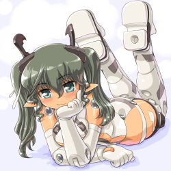 Rule 34 | 10s, 1girl, alternate costume, bad id, bad pixiv id, busou shinki, dd (ijigendd), doll joints, green eyes, green hair, head rest, joints, lying, matching hair/eyes, on stomach, pointy ears, solo, the pose, twintails, valona