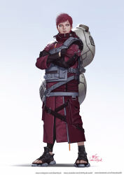 Rule 34 | 1boy, alt text, bishounen, closed mouth, commentary, crossed arms, english commentary, facial mark, fantasy, fingerless gloves, forehead mark, full body, gaara (naruto), gloves, gourd, green eyes, highres, in-hyuk lee, looking at viewer, male focus, naruto (series), naruto shippuuden, ninja, realistic, red hair, revision, short hair, signature, simple background, solo, standing, tattoo
