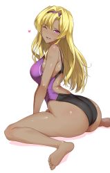 Rule 34 | 1girl, ass, blonde hair, blush, breasts, cleavage, competition swimsuit, dark-skinned female, dark skin, granblue fantasy, hair down, hair ornament, hairband, halcon, highres, large breasts, long hair, looking at viewer, one-piece swimsuit, open mouth, red eyes, sitting, smile, soles, solo, swimsuit, wariza, white hair, zeta (granblue fantasy)