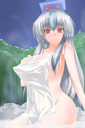 Rule 34 | 1girl, blush, breasts, covered erect nipples, covering privates, female focus, highres, huge breasts, huge nipples, impossible towel, kamishirasawa keine, long hair, long nipples, naked towel, nipples, nude, nude cover, onsen, red eyes, see-through, shoushinmono, silver hair, smile, solo, stick nipples, tanaka ginji, touhou, towel