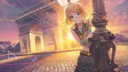 Rule 34 | 1girl, bare shoulders, black shorts, blonde hair, blue eyes, bow, commentary, daniel deng, english commentary, hairband, highres, kagamine rin, looking at viewer, official art, open mouth, paris, project sekai, short hair, shorts, smile, solo, teeth, vocaloid, white bow, white hairband, yellow bow