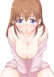 Rule 34 | 1girl, bad id, bad pixiv id, blue eyes, blush, breasts, brown hair, cleavage, large breasts, long hair, off-shoulder, off-shoulder sweater, off shoulder, original, simple background, solo, soyoking, sweater, tears, white background