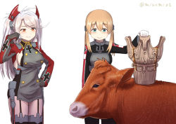 Rule 34 | 2girls, :d, anchor hair ornament, aqua eyes, azur lane, breasts, commentary request, cow, cross, crossover, garter straps, hair ornament, historical name connection, iron cross, kantai collection, light brown hair, long hair, misumi (niku-kyu), mole, mole on breast, multiple girls, name connection, open mouth, orange eyes, prinz eugen (azur lane), prinz eugen (kancolle), sideboob, silver hair, simple background, smile, twintails, twitter username, two side up, white background