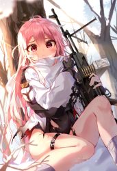 Rule 34 | 1girl, absurdres, ahoge, black gloves, blush, bullet, closed mouth, day, dutch angle, feet out of frame, fingerless gloves, frown, girls&#039; frontline, gloves, gun, hair between eyes, highres, holding, holding gun, holding weapon, iop5509, knee up, legband, light machine gun, long hair, looking at viewer, machine gun, messy hair, outdoors, pink eyes, pink hair, shirt, sitting, snow, solo, torn clothes, tree, ukm-2000 (girls&#039; frontline), very long hair, weapon, white shirt, wide-eyed