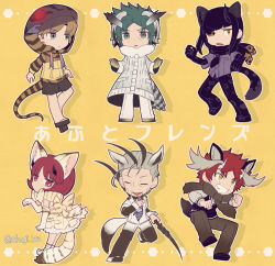 1girl, 5boys, animal ear fluff, animal ears, animal hands, animal print, antlers, arms at sides, back bow, bangs, bird tail, black footwear, black hair, black horns, black necktie, black pants, black scarf, black sclera, blonde hair, blue eyes, bob cut, bow, brown pants, brown scarf, brown shorts, cat ears, cat tail, chibi, clenched hands, clenched teeth, coat, colored sclera, cosplay request, diagonal bangs, drawstring, dress, elbow gloves, enedra, extra ears, facing viewer, feather hair, fighting stance, full body, geta, gloves, gradient pants, green eyes, green hair, grey coat, hair slicked back, hairein, hand up, holding, holding weapon, hood, hood up, hoodie, horns, hyuse, inumaru akagi, jacket, kneehighs, lamvanein, leopard print, light brown hair, lizard tail, long sleeves, looking at viewer, looking away, looking to the side, mira (world trigger), mismatched sclera, multicolored hair, multiple boys, multiple horns, necktie, old, old man, oni horns, orange eyes, outstretched arms, pants, parted bangs, paw pose, pocket, print scarf, red eyes, red hair, scarf, shoes, short hair, shorts, sidelocks, sleeveless, sleeveless dress, standing, standing on one leg, streaked hair, striped necktie, tail, teeth, tiger stripes, twitter username, two-tone pants, viza, weapon, white footwear, white gloves, white horns, white jacket, white pants, world trigger, yellow background, yellow dress, yellow eyes, yellow gloves, yellow scarf