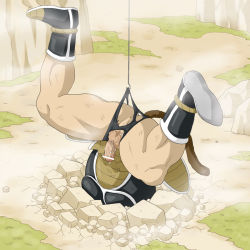 Rule 34 | 1boy, buried, dragon ball, dragonball z, hook, male focus, nappa, nature, outdoors, penis, solo, torn clothes, upside-down