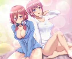 Rule 34 | 2girls, :d, barefoot, between legs, blue shirt, blush, breasts, cleavage, closed mouth, collarbone, convenient censoring, covered erect nipples, dated, dutch angle, earrings, furrowed brow, go-toubun no hanayome, hair between eyes, hand between legs, headphones, headphones around neck, jewelry, large breasts, lens flare, long hair, long sleeves, looking at viewer, medium breasts, multiple girls, nakano ichika, nakano miku, open mouth, pink hair, purple eyes, red hair, samenoido, shirt, short hair, siblings, sisters, sitting, smile, sparkle, white shirt