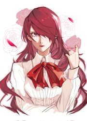 Rule 34 | bow, bowtie, closed mouth, commentary, english commentary, floral background, gekkoukan high school uniform, hair over one eye, highres, kirijou mitsuru, lips, lipstick, long hair, long sleeves, looking at viewer, makeup, nagisa99, one eye covered, persona, persona 3, petals, red bow, red bowtie, red eyes, red hair, red lips, school uniform, shirt, very long hair, wavy hair, white background, white shirt