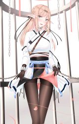 Rule 34 | 1girl, absurdres, asashiro echo, black gloves, black pantyhose, black ribbon, blush, bound, bound wrists, braid, breasts, cage, chain, choker, clothes lift, collar, commentary request, cowboy shot, cuffs, dildo, ear blush, elf, falling petals, female masturbation, geta, gloves, grey eyes, hair ornament, hair ribbon, hairclip, half updo, handcuffs, highres, holster, joe19990131, leash, light brown hair, long hair, looking at viewer, masturbation, medium breasts, open mouth, original, panties, pantyhose, petals, pleated skirt, pointy ears, pussy, restrained, ribbon, saliva, sex toy, shackles, shirt, side-tie panties, skirt, skirt lift, smile, solo, standing, tabi, underwear, vibrator, white pantyhose, white shirt, white skirt