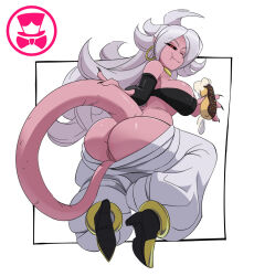 Rule 34 | 1girl, android 21, ass, black sclera, breasts, cleft of venus, colored sclera, colored skin, detached sleeves, dragon ball, dragon ball fighterz, earrings, eating, eclair (food), female focus, flashing, flashing ass, flashing pussy, food, full body, harem pants, huge ass, jewelry, large breasts, long hair, looking at viewer, majin android 21, monster girl, mooning, nail polish, no panties, one eye closed, pants, pink skin, pointy ears, pussy, red eyes, schpicy, solo, tail, white hair