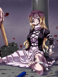 Rule 34 | 1girl, abuse, bad feet, barefoot, beaten, blood, blood from mouth, blood splatter, bound, bound ankles, bound wrists, breasts, bruise, commentary request, cuffs, dress, gradient hair, hammer, hijiri byakuren, injury, kuon yashiro, large breasts, long hair, multicolored hair, restrained, scared, shackled, shackles, sledgehammer, tears, toes, touhou