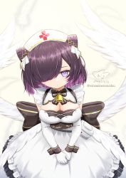 Rule 34 | 1girl, azur lane, breasts, cleavage, commentary request, dated, detached sleeves, hair over one eye, hat, highres, jervis (azur lane), large breasts, looking at viewer, medium hair, nurse cap, purple eyes, purple hair, signature, simple background, solo, wings, winsankemonodou