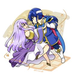 Rule 34 | 1boy, 1girl, blue cape, blue hair, brother and sister, cape, circlet, dancing, dress, fire emblem, fire emblem: genealogy of the holy war, headband, jewelry, julia (fire emblem), long hair, long sleeves, musical note, nintendo, open mouth, ponytail, purple cape, purple hair, seliph (fire emblem), siblings, simple background, smile, white headband, yukia (firstaid0)