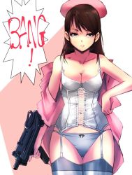 Rule 34 | 1girl, bow, bow panties, breasts, brown eyes, brown hair, cleavage, collarbone, commentary request, corset, cross-laced clothes, dress, garter straps, gun, hand on own hip, hat, holding, holding gun, holding weapon, kamisimo 90, lipstick, long hair, makeup, medium breasts, navel, nurse, nurse cap, open clothes, original, panties, parted lips, pink dress, pink hat, pink lips, standing, thighhighs, thighs, two-tone background, underwear, weapon, white panties, white thighhighs