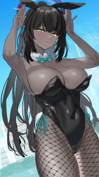 Rule 34 | 1girl, animal ears, armpits, bare shoulders, black hair, black leotard, blue archive, blue bow, bow, bowtie, breasts, cleavage, closed mouth, commentary request, cowboy shot, curvy, dark-skinned female, dark skin, detached collar, earrings, fake animal ears, fishnet pantyhose, fishnets, gloves, gluteal fold, high ponytail, highres, jewelry, karin (blue archive), karin (bunny) (blue archive), large breasts, leotard, long hair, looking at viewer, pantyhose, playboy bunny, rabbit ears, rabbit tail, shiny clothes, shiny skin, sidelocks, strapless, strapless leotard, subachi, tail, thong leotard, traditional bowtie, very long hair, white background, white gloves, wide hips, wrist cuffs, yellow eyes